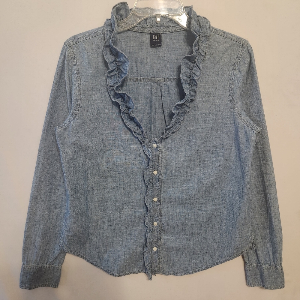 GAP Cotton Chambray Ruffle Vneck Long Sleeve Button Down